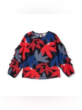 LOFT Bold Floral Ruffle Sleeve Keyhole Back Elasticized Cuffs Business Casual S